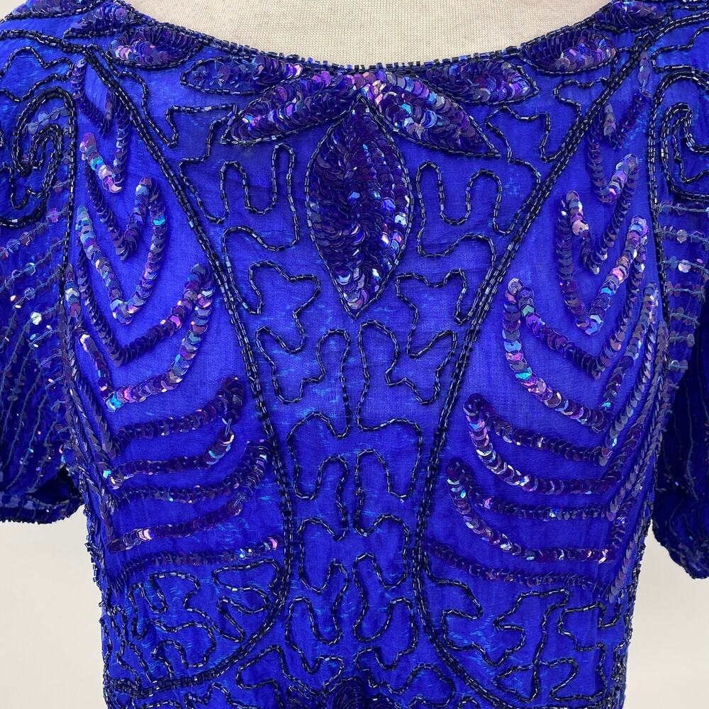 Vintage 80s Beaded Silk Top Short Sleeve Boatneck Pullover Sequins Blue Womens L - Picture 3 of 10